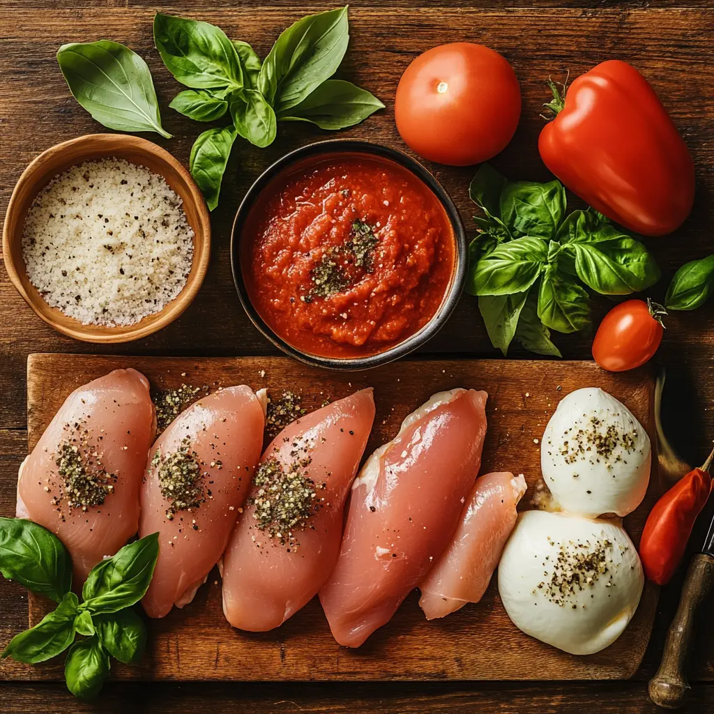 Traditional Italian ingredients for Chicken Parmesan.