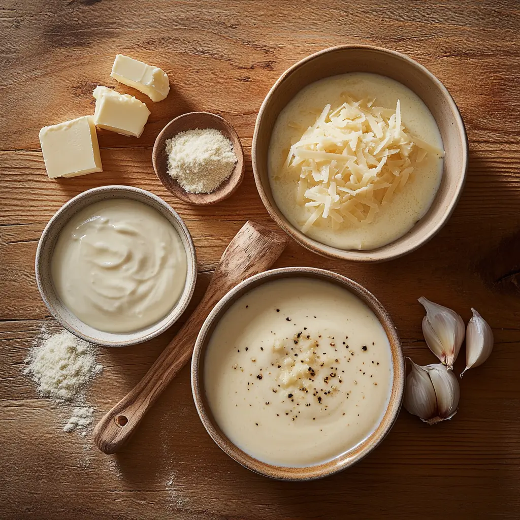 Difference between white sauce and Alfredo sauce displayed side by side.