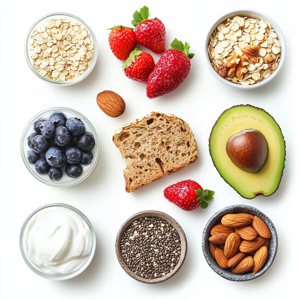 Healthy breakfast ingredients arranged on a table.
