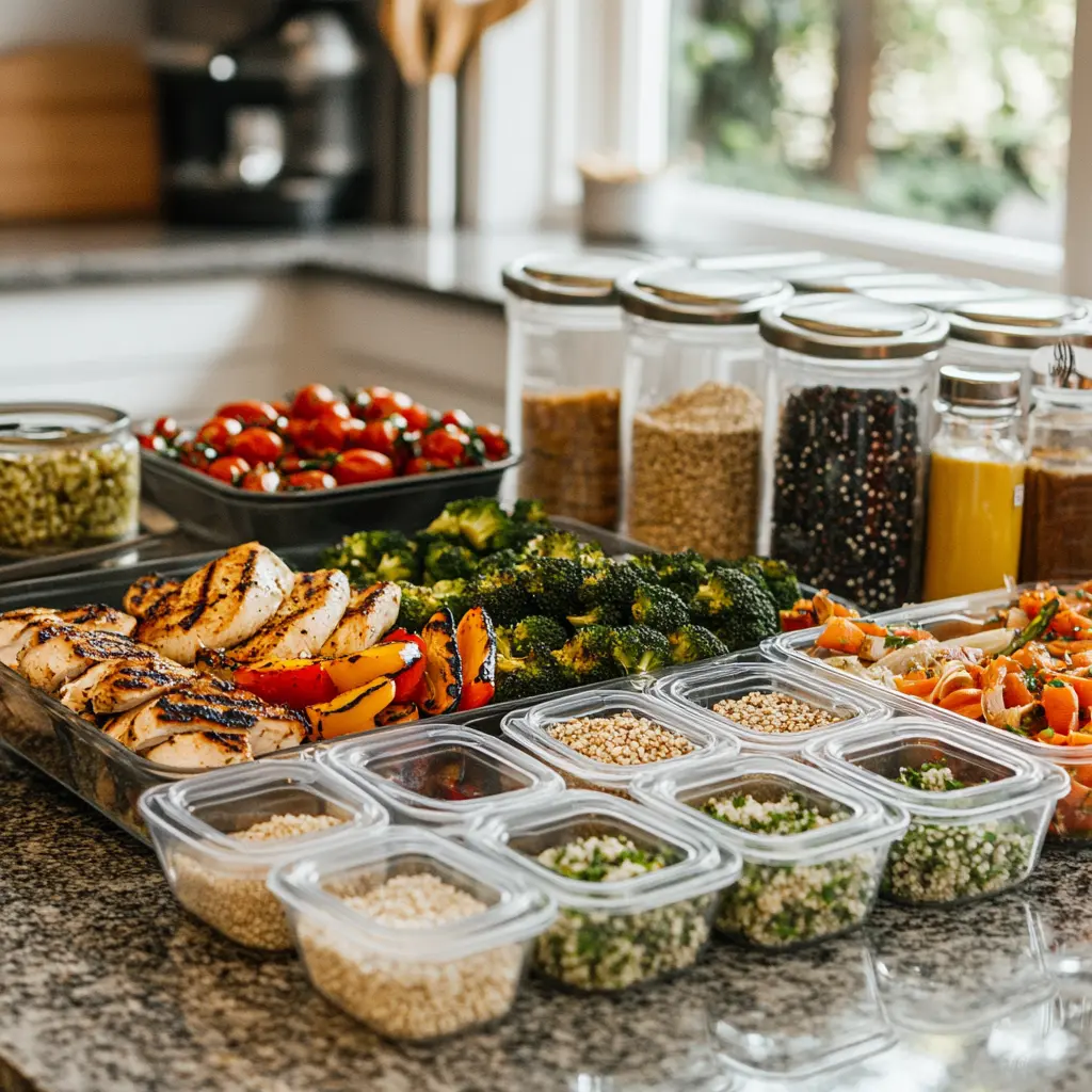 Lunch meal-prep station with grilled chicken, veggies, and quinoa.