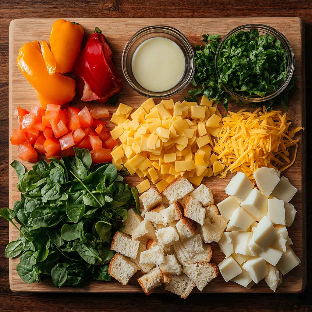 Ingredients for a breakfast casserole including eggs, cheese, and vegetables.