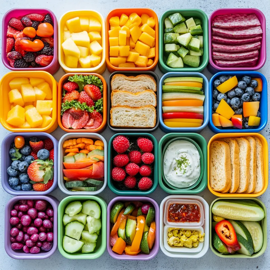 Creative and nutritious kid lunches packed in colorful lunchboxes.