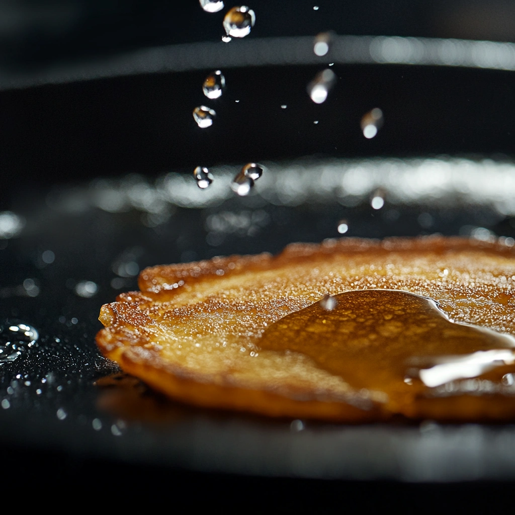 Fluffy pancakes with butter and syrup beside a glass of milk.