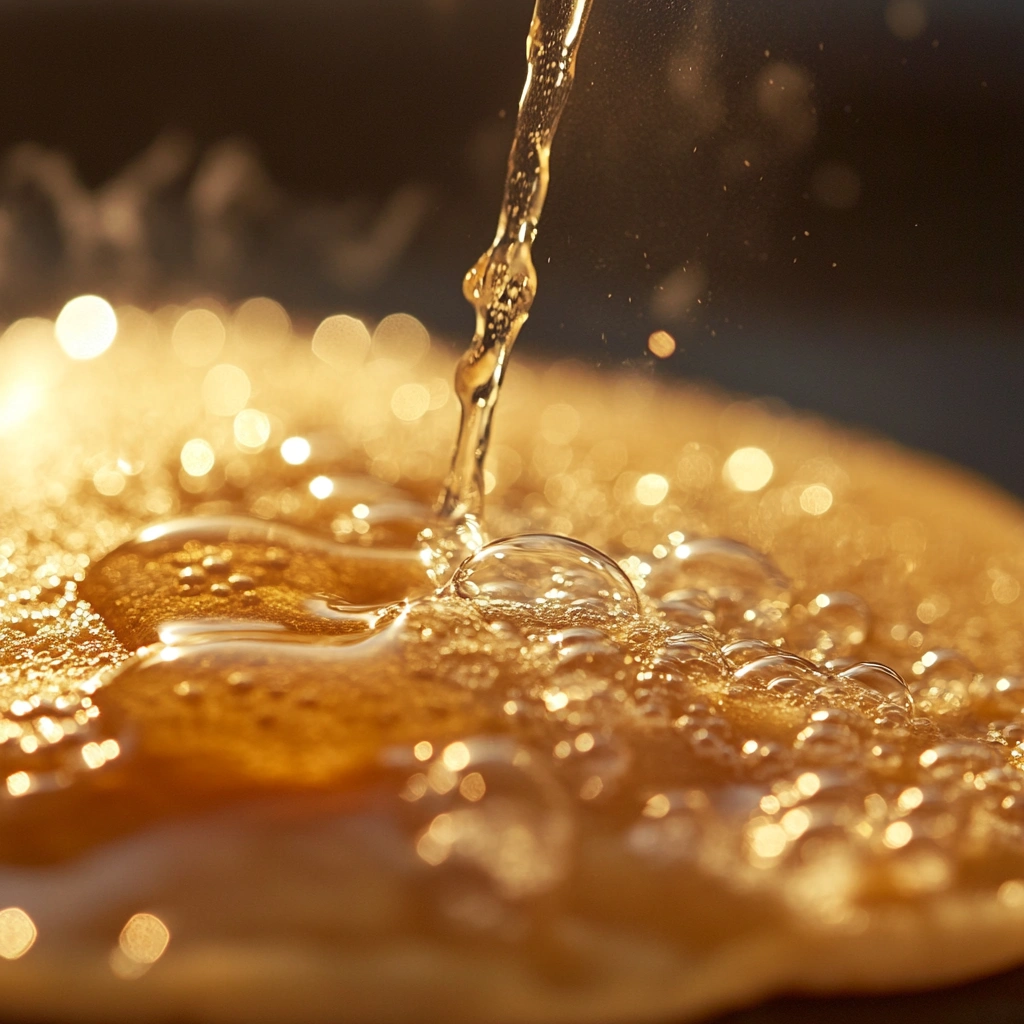 Bubbles in pancake batter on a griddle