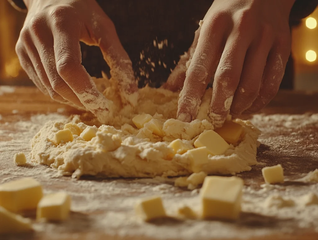 Hands mixing dough for ricotta pie crust