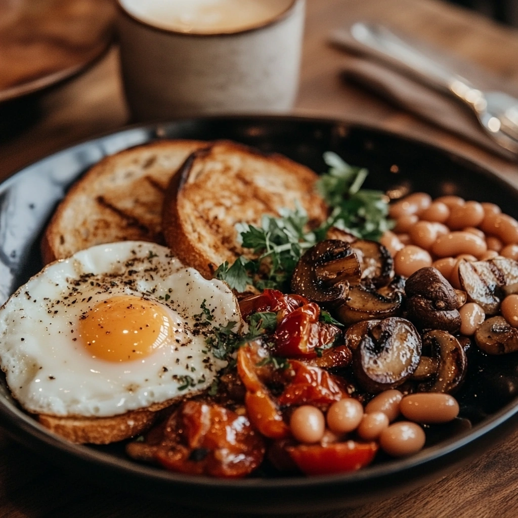 Full English breakfast plate.