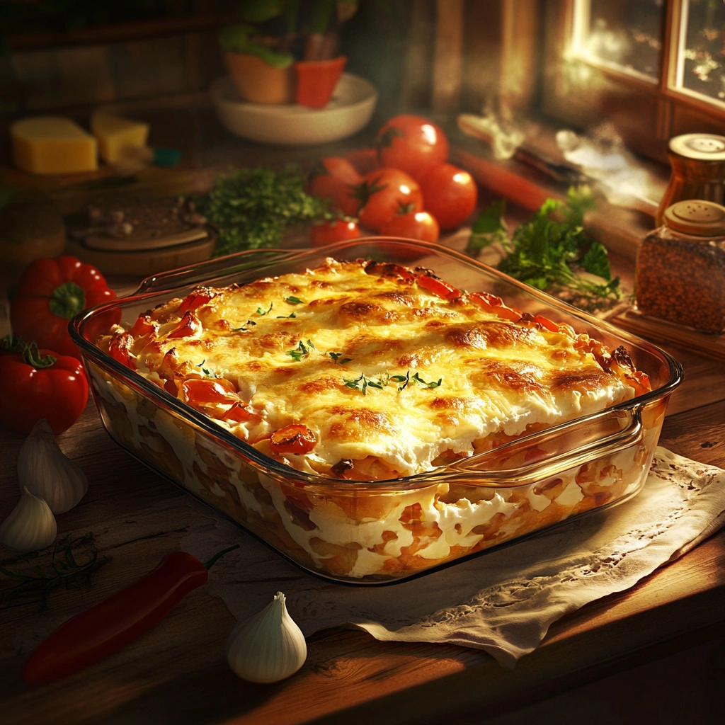 Freshly baked John Wayne casserole with melted cheese and vegetables.