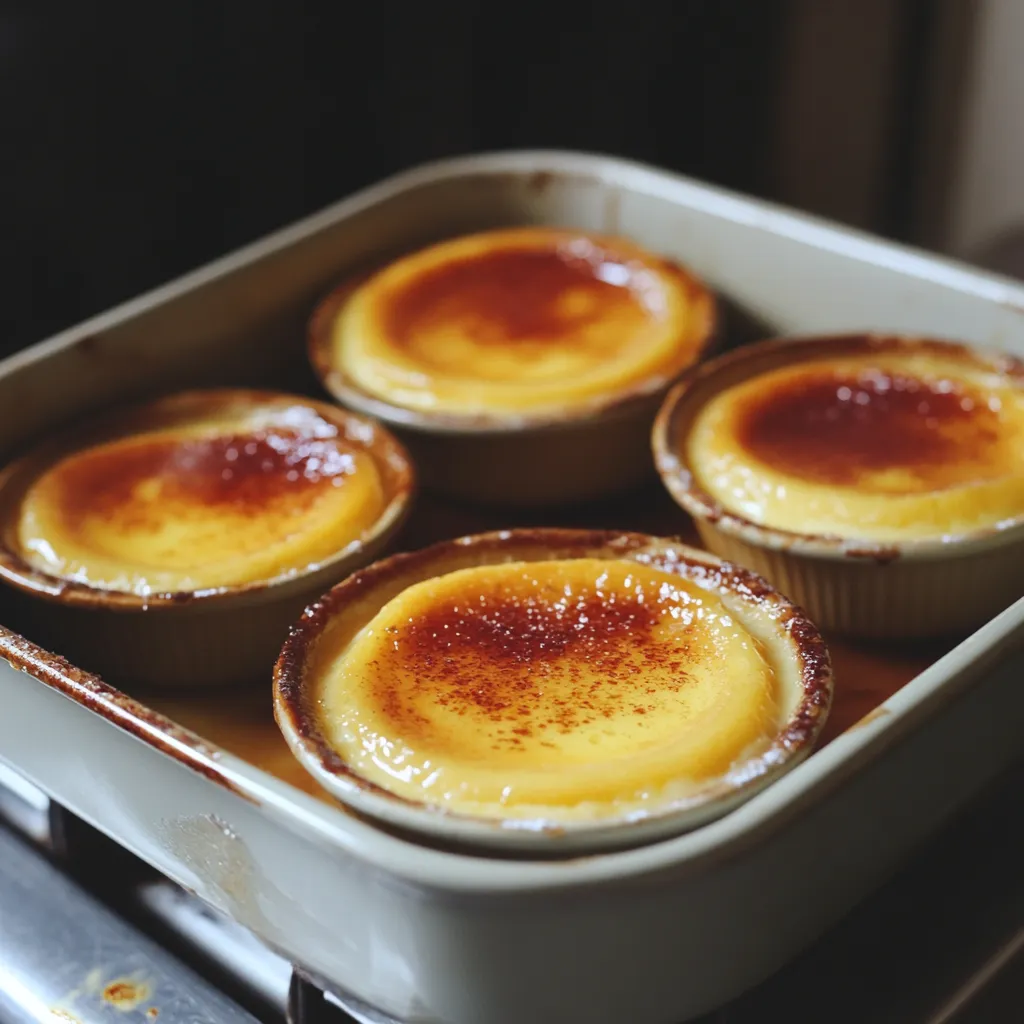 Ramekins in a bain-marie for crème brûlée.