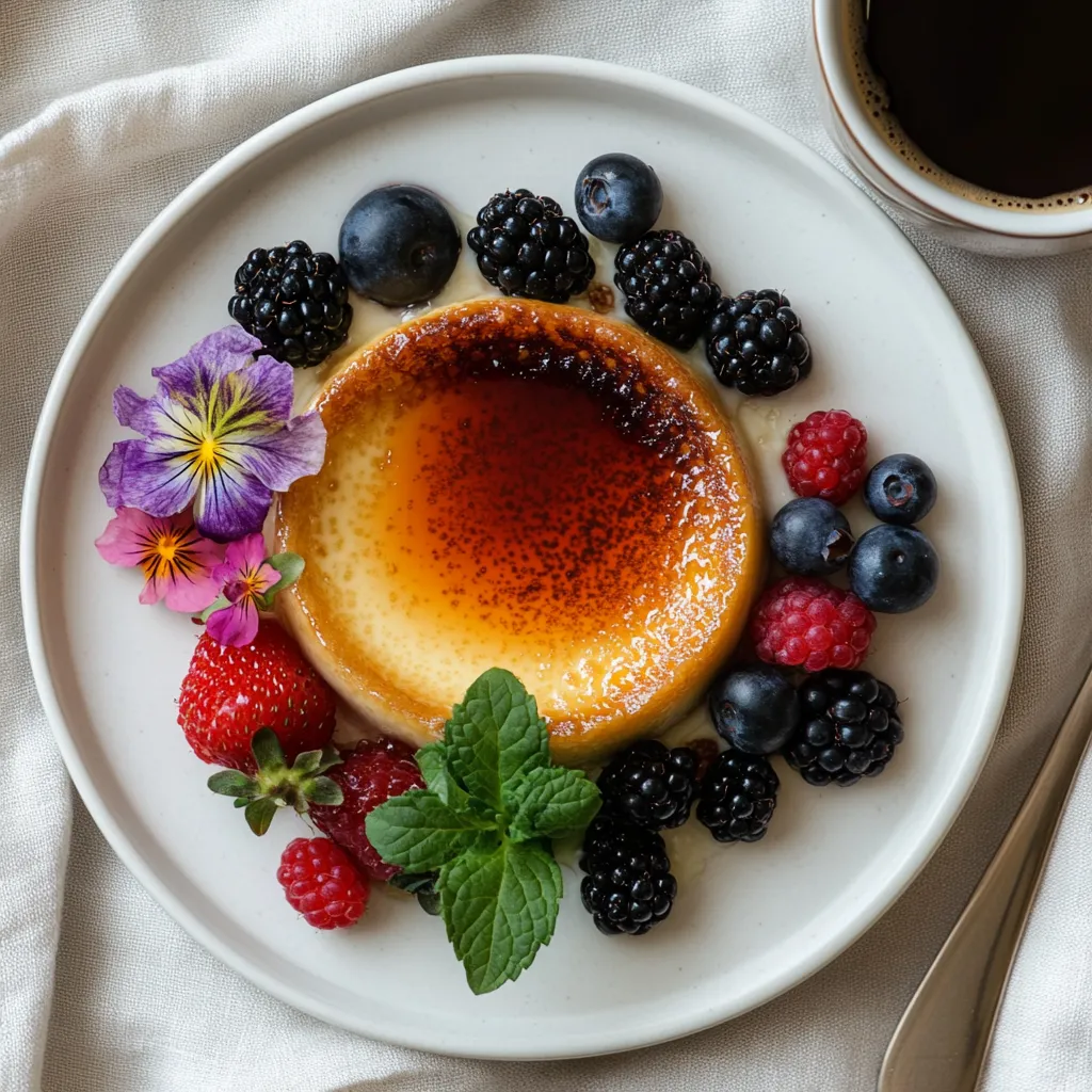 Crème brûlée served with berries and mint.