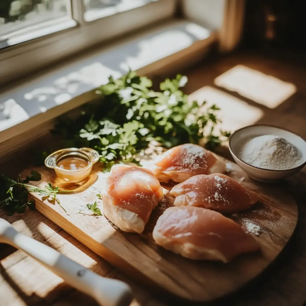 Flattening chicken breasts for chicken marsala preparation.