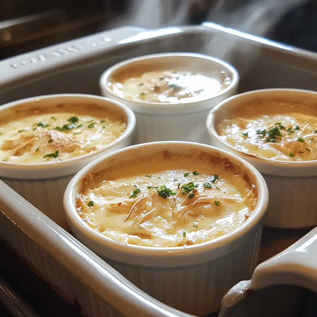 Ramekins in a water bath for baking crab brûlée.