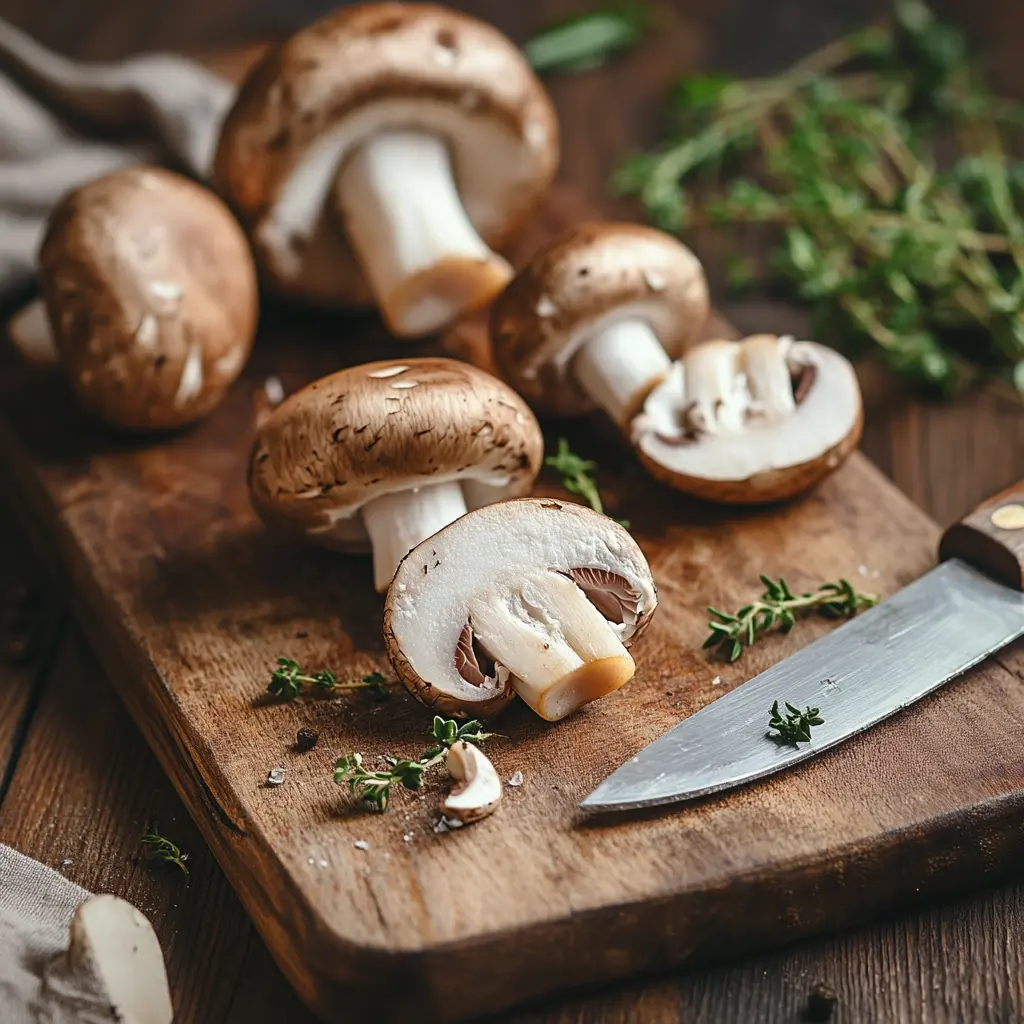 Fresh cremini mushrooms on a wooden cutting board.