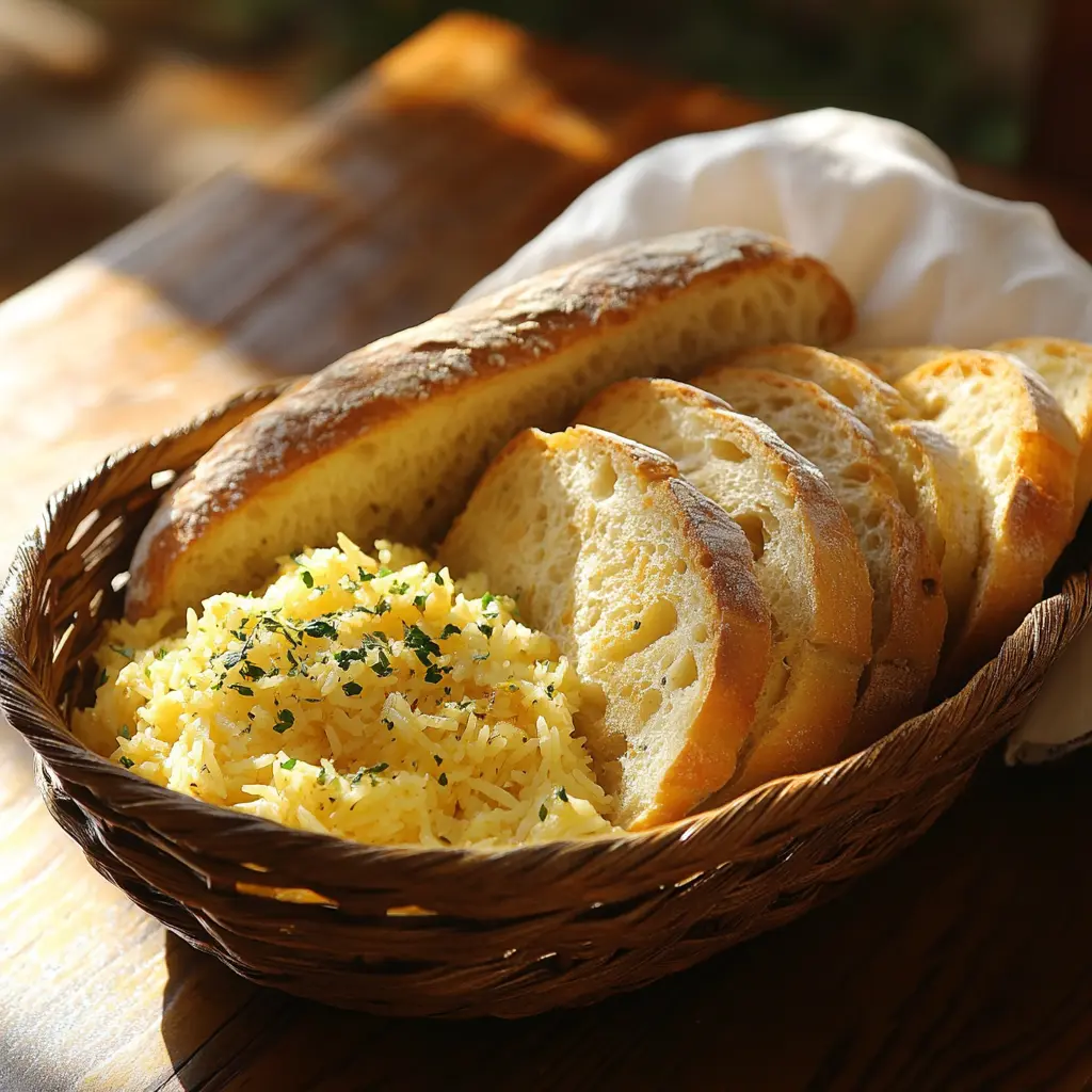 Artisan bread and rice pilaf as sides for Chicken Marsala.