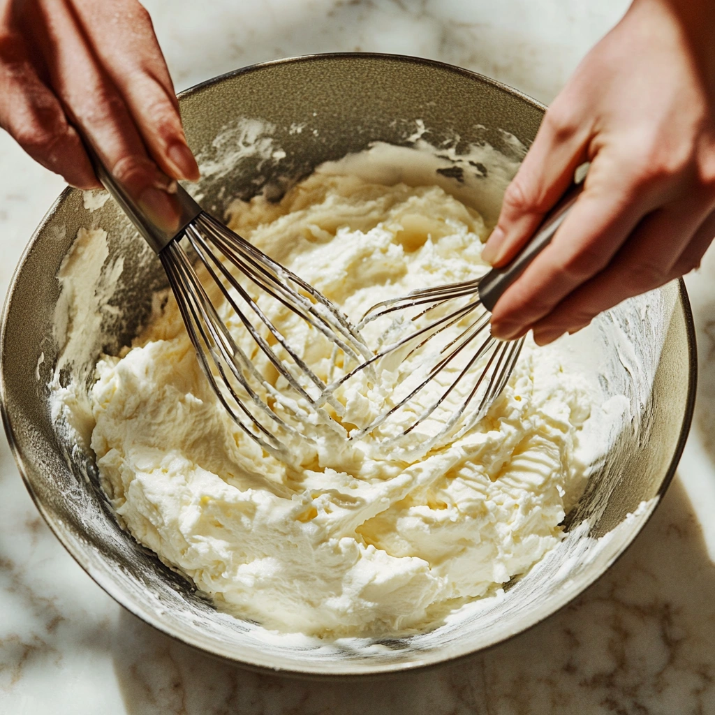 Mixing ricotta cheese with eggs and sugar in a bowl
