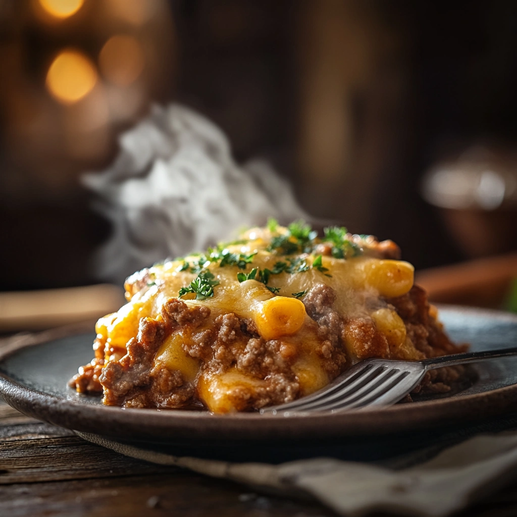 A plated serving of John Wayne casserole on a rustic table.