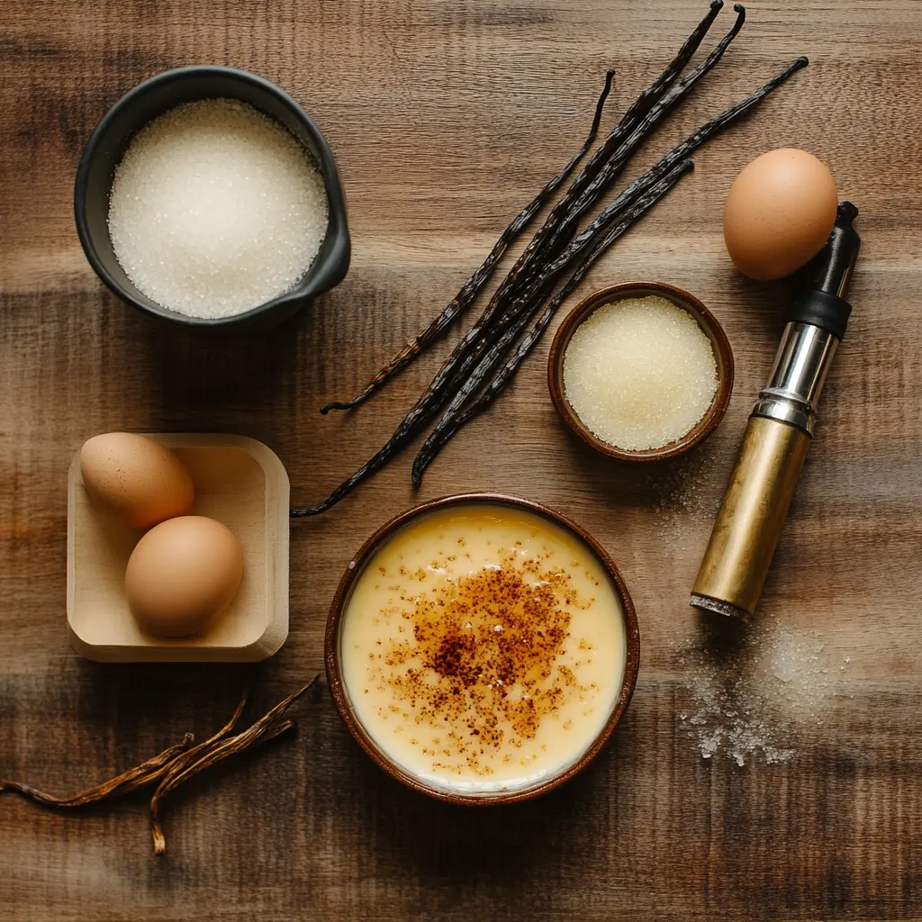 Crème brûlée ingredients on a wooden countertop