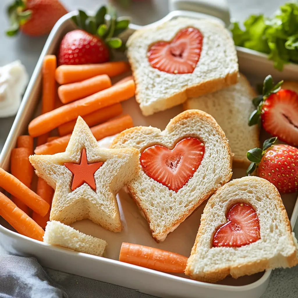 Kid-friendly sandwiches in fun shapes with fresh fruits and veggies.