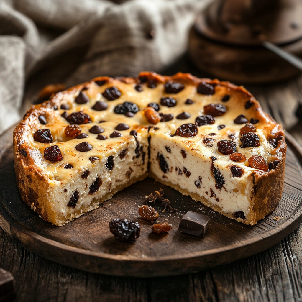 Ricotta cheese pie slices with chocolate chips and dried fruit