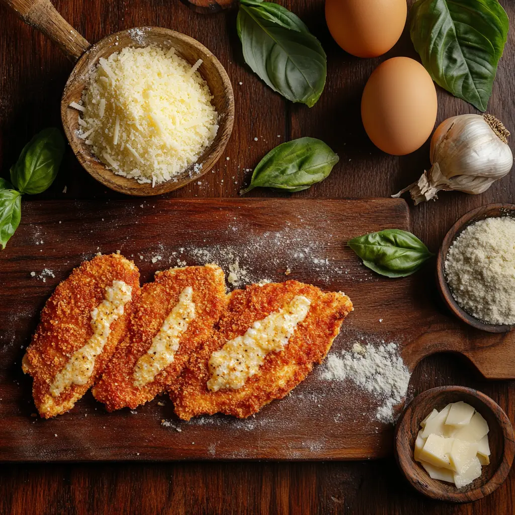 Chicken parmesan preparation process with fresh ingredients.