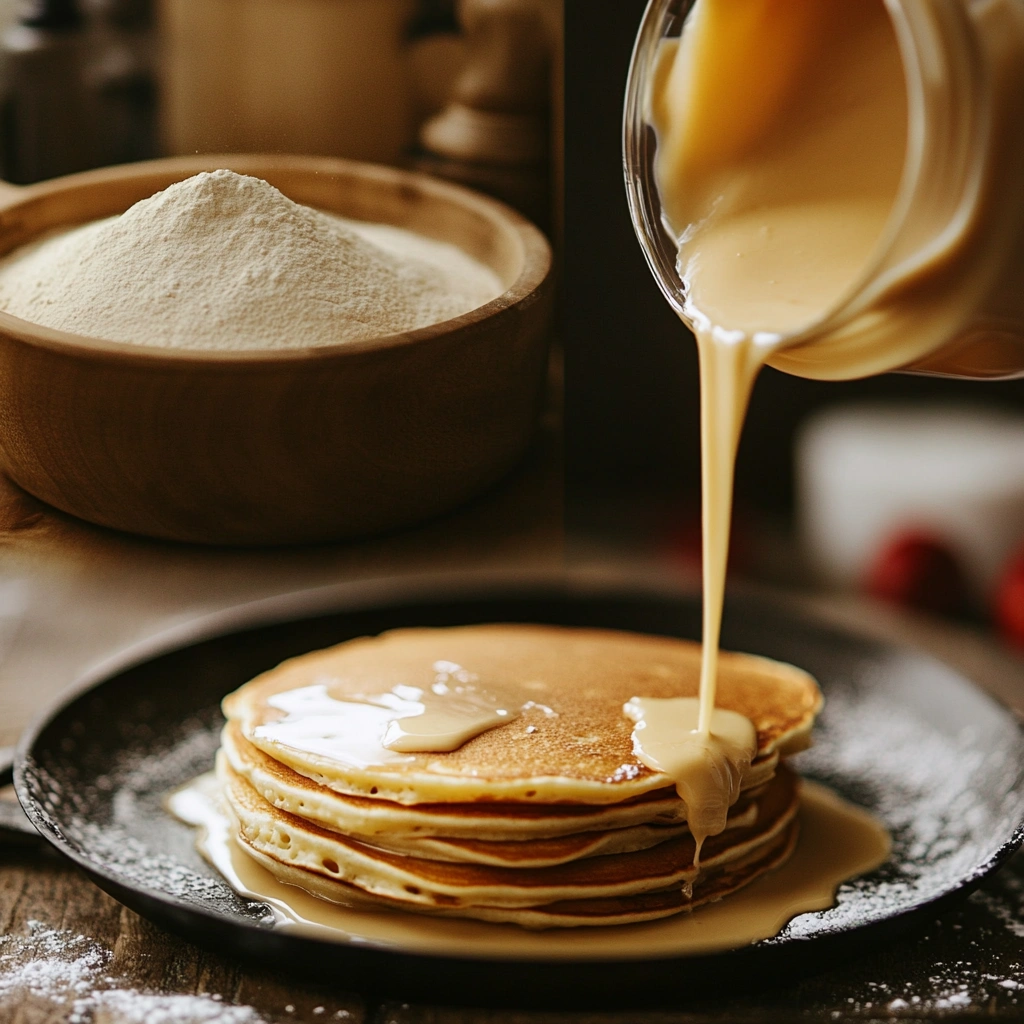 Step-by-step pancake-making process using pancake mix.