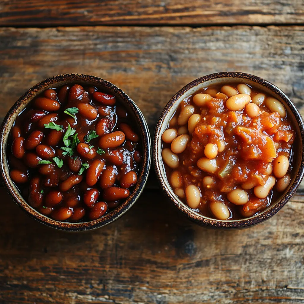 Boston and British-style baked beans in bowls.