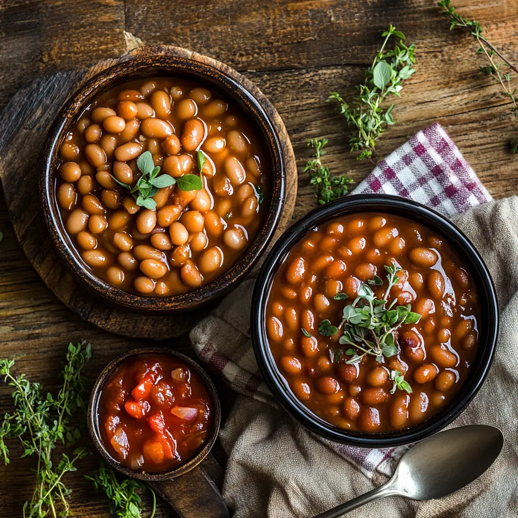 Two bowls of Boston baked beans and regular baked beans side by side.