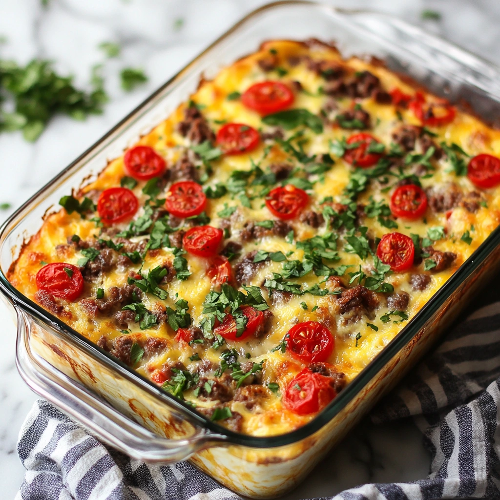 Freshly baked breakfast casserole with melted cheese and herbs.