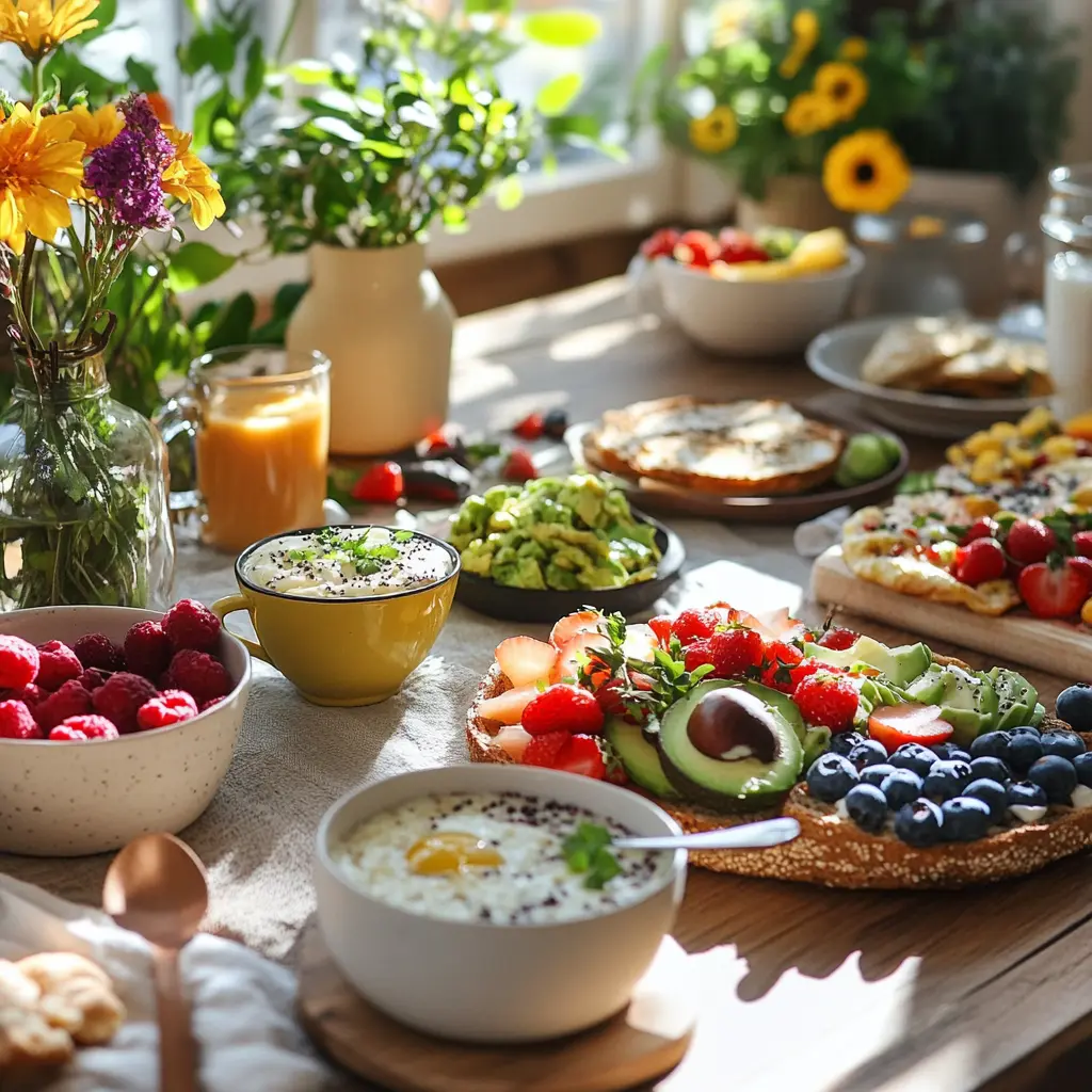 Healthy breakfast spread with oatmeal, toast, and fruits