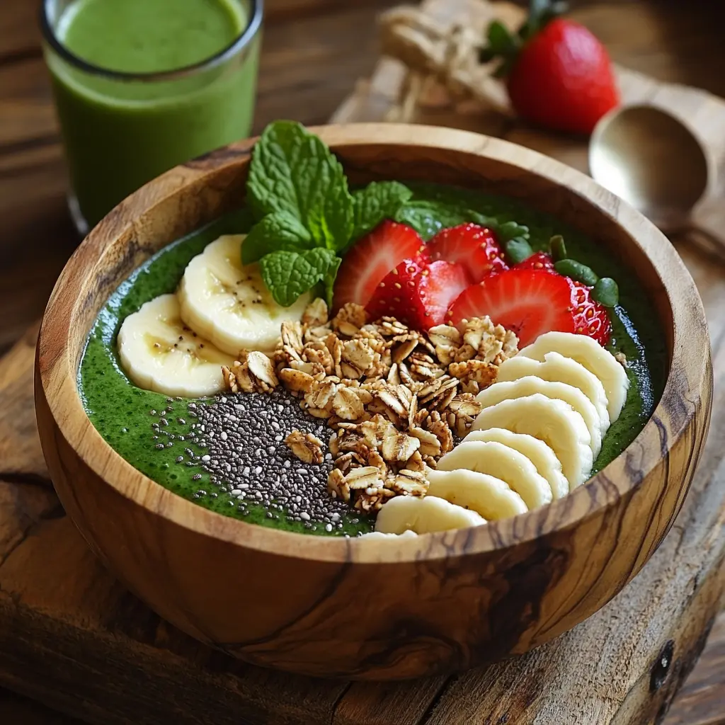 Green smoothie bowl with colorful toppings