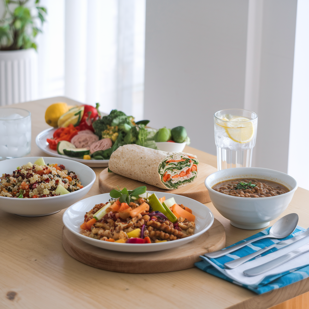 A vibrant display of simple and nutritious lunch options on a wooden table.