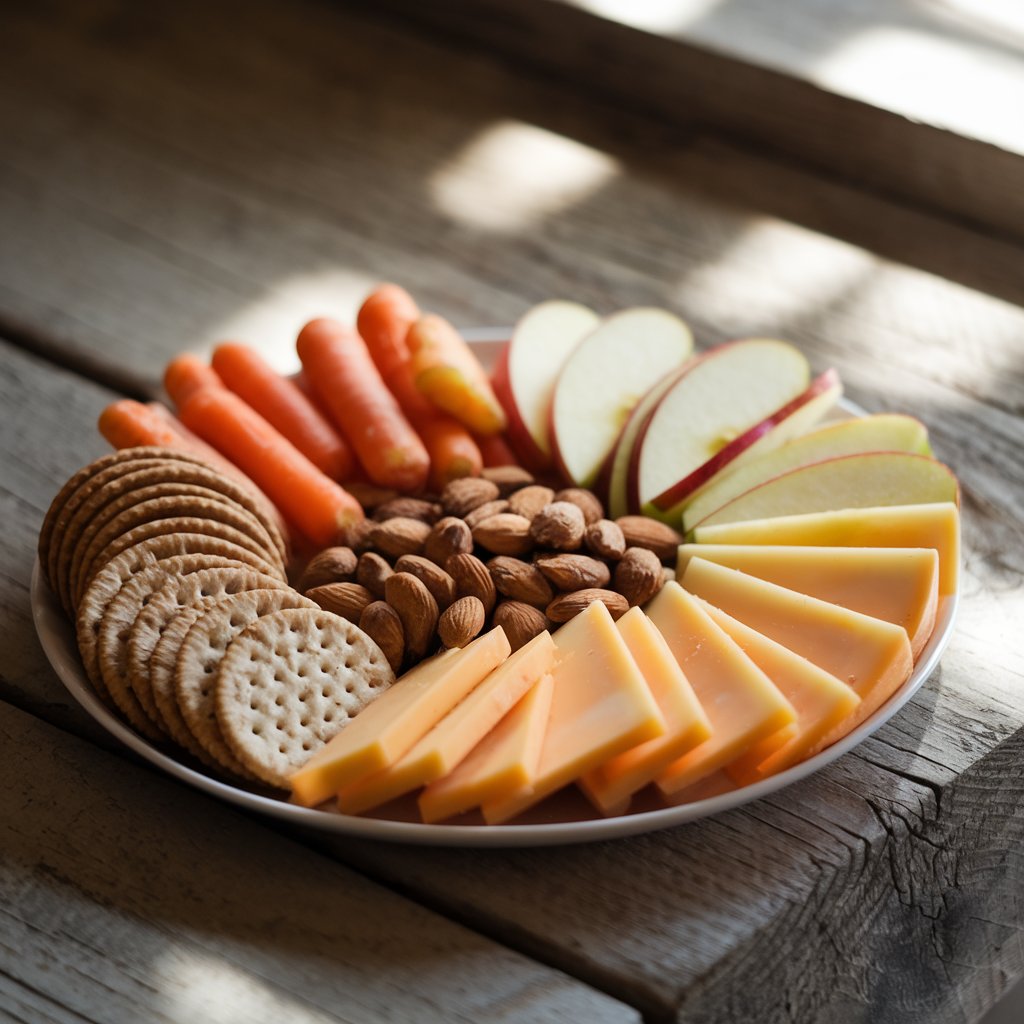 A balanced snack plate with cheese, crackers, carrots, apples, and almonds.

