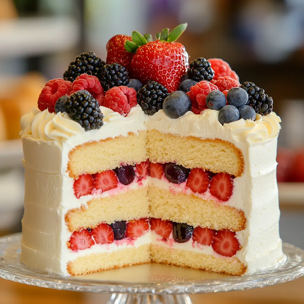 A slice of Chantilly cake with visible layers of cake, cream, and berries