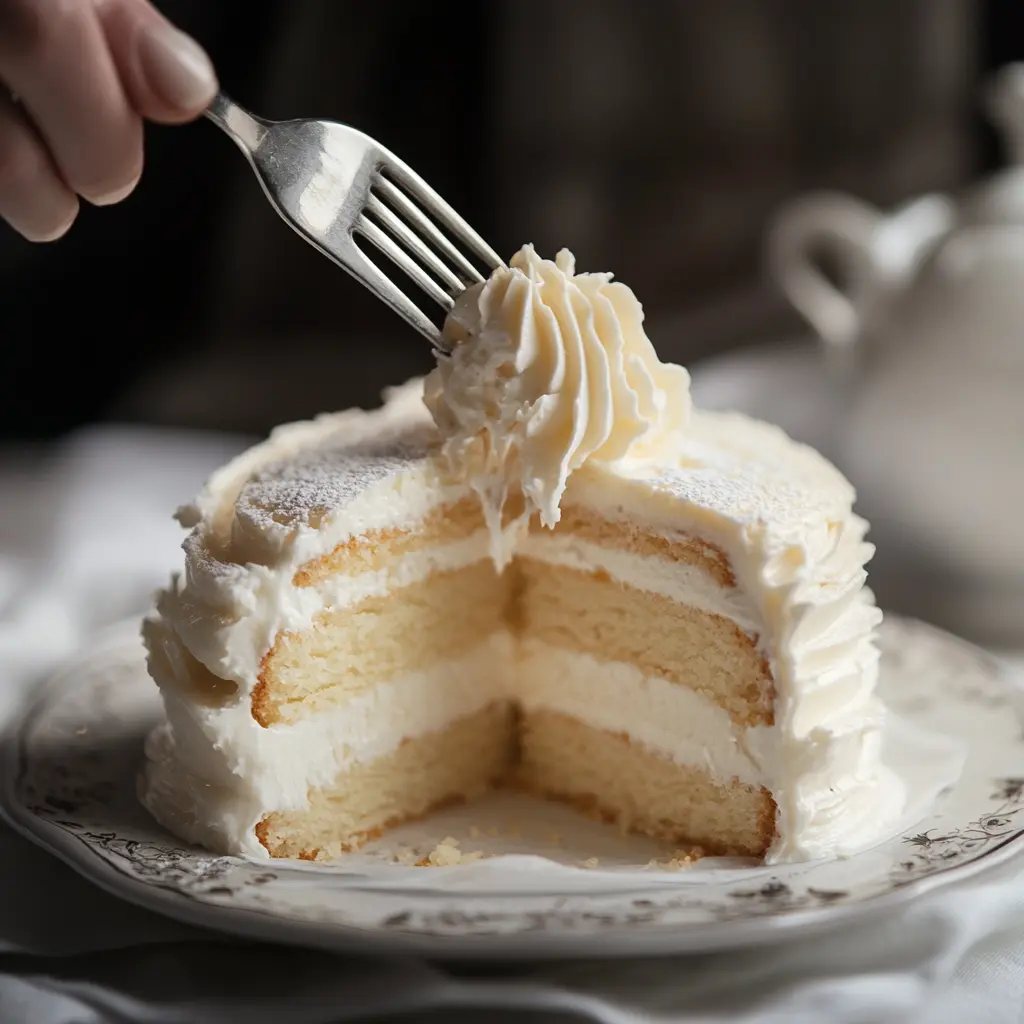 Chantilly cake being sliced with a fork, showing its airy texture