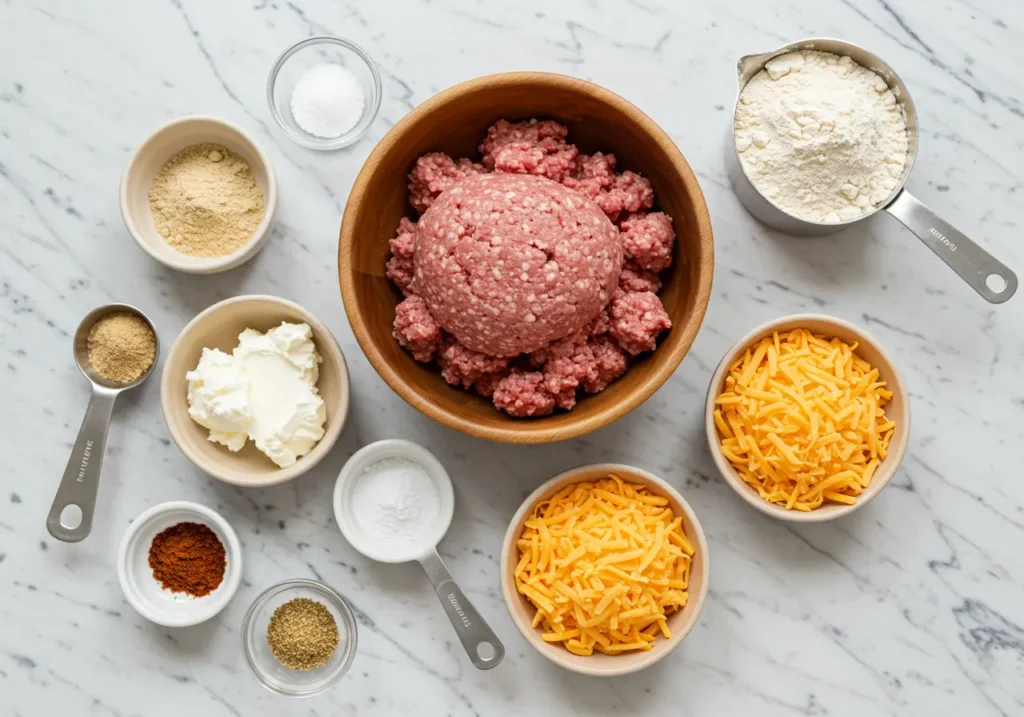 Ingredients for making cream cheese sausage balls on a marble countertop.