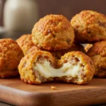 Golden-brown cream cheese sausage balls served on a wooden board.