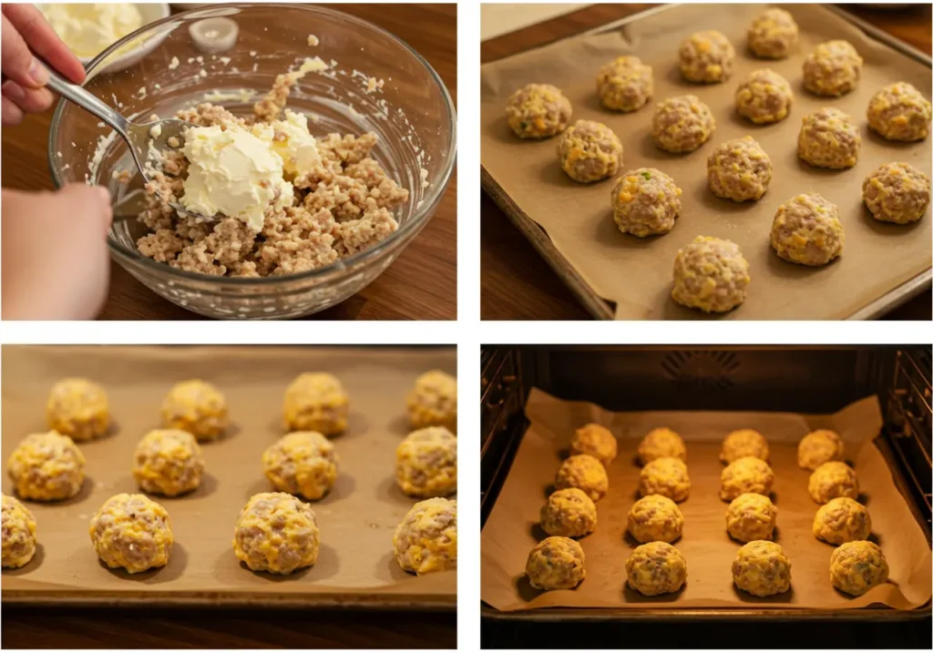 Step-by-step process of making cream cheese sausage balls.