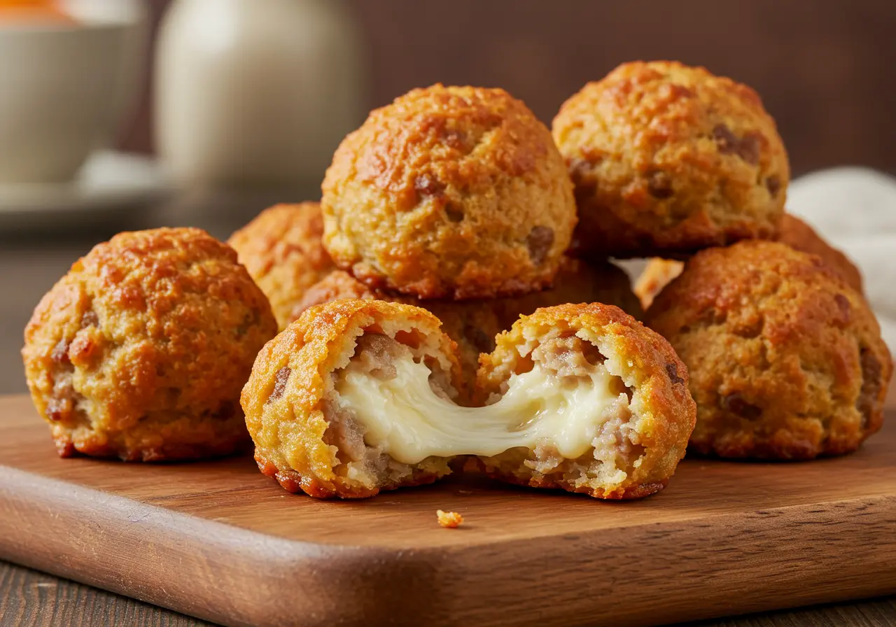 Golden-brown cream cheese sausage balls served on a wooden board.